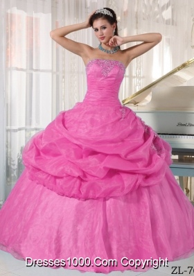 Rose Pink Strapless Organza Quinceanera Dress with Appliques and Pick-ups