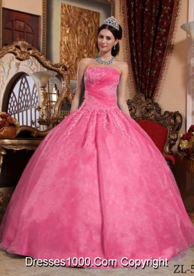 Rose Pink Strapless Organza Sweet 15 Dresses with Appliques