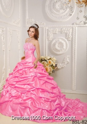 Strapless Court Train Rose Pink Quinceanera Gowns with Appliques and Pick-ups