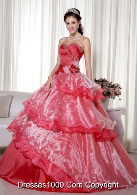 2014 Popular Red Puffy Sweetheart Beading and Hand Made Flower Quinceanera Dress