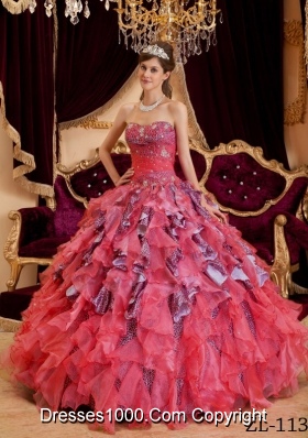 Elegant Puffy Watermelon Sweetheart Beading Leopard and Organza Quinceanera Dresses
