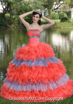 Multi-color Sweet Sequins Strapless for 2014 Quinceanera Dress with Ruffled Layers