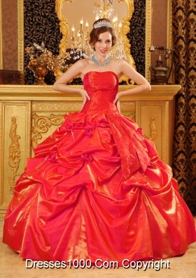 Popular Puffy Strapless Hand Made Flowers Red 2014 Quinceanera Dresses