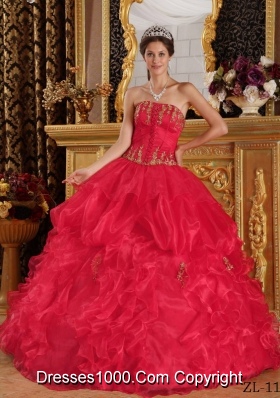 Pretty Red Puffy Strapless Appliques Quinceanera Dress for 2014
