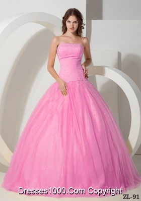 Princess Rose Pink Strapless Sweet 15 Dresses with Beading