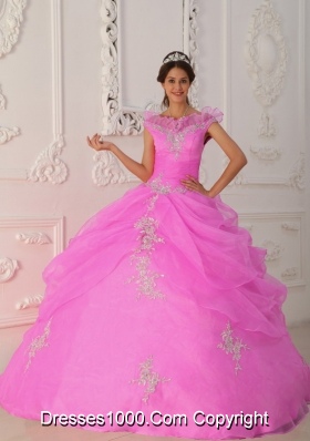Rose Pink Ball Gown V-neck Organza Quinceanera Gown with Beading and Appliques