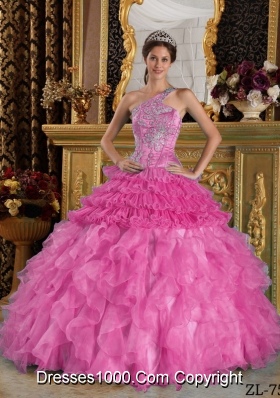 Rose Pink Princess One Shoulder Quinceanera Gowns with Appliques