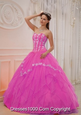 Rose Pink Princess Sweetheart Organza Quinceanera Gowns with Appliques