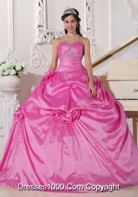 Rose Pink Puffy Sweetheart Sweet Sixteen Dresses with Flowers and Beading