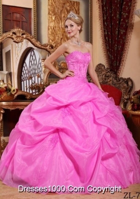 Rose Pink Strapless Organza Appliques and Pick-ups Dresses For a Quince