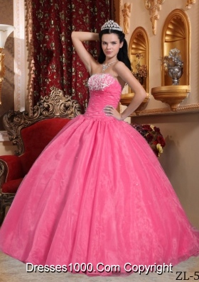 Rose Pink Strapless Organza Quinceneara Dresses with Appliques