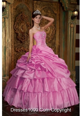 Rose Pink Strapless Quinceanera Gowns with Beading and Pick-ups