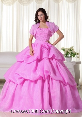 Rose Pink Strapless Sweet 16 Dresses with Flowers and Appliques