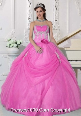Strapless Cheap Rose Pink Sweet 15 Dresses with Flowers and Appliques