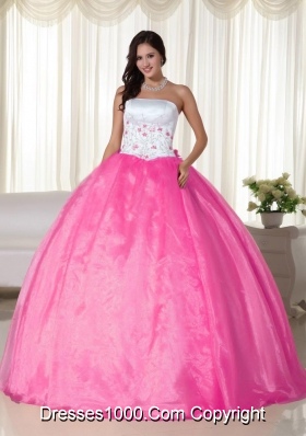 Strapless Organza Rose Pink Quinceanera Dress with Appliques
