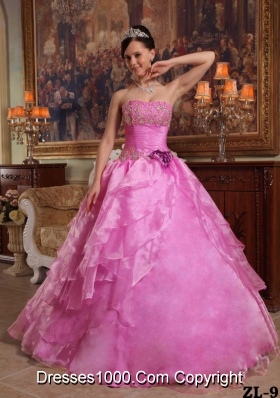 Strapless Organza Rose Pink Quinceneara Dresses with Beading and Layers