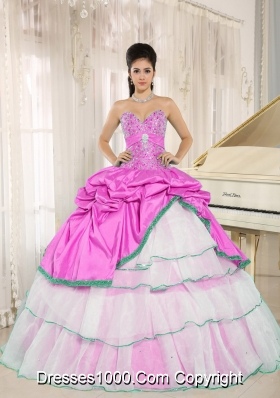 Sweetheart Pick-ups For Rose Pink and White Quinceanera Dress with Layers