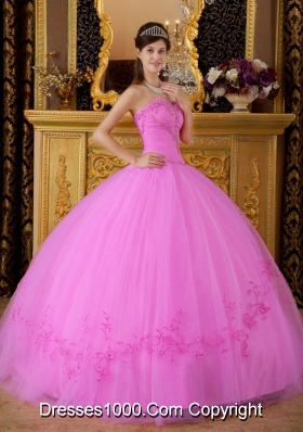 Sweetheart Tulle Appliques Rose Pink Quinceanera Gowns with Appliques