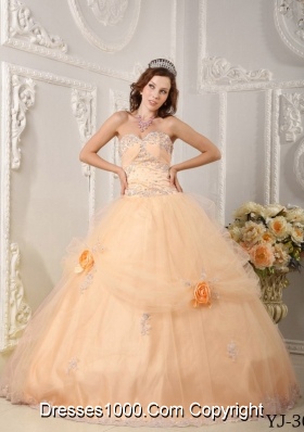 Beautiful Sweetheart Organza Sweet Sixteen Dresses with Appliques and Hand Made Flowers