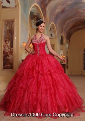 Exclusive Red Puffy Halter 2014 Embroidery Quinceanera Dresses with Ruffles