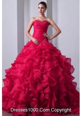 Hot Pink Princess Sweetheart Beading and Ruffles Quinceanea Dresses with Brush Train