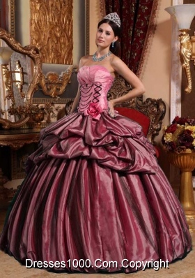 Pink Puffy Strapless Sweet 15 Dresses with Hand Made Flower and Pick-ups