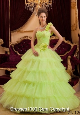Princess One Shoulder Lime Green Quinceanera Dresses with Flowers and Layers