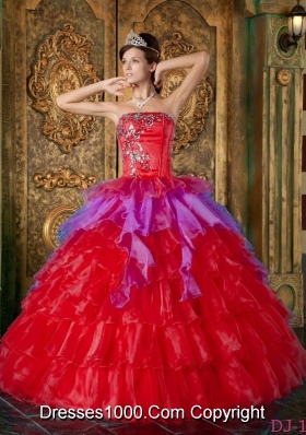 Red Puffy Strapless 2014 Ruffles Quinceanera Dresses with Sequins