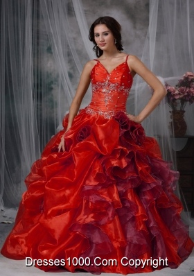 Red Spaghetti Straps Organza Beading and Ruffles Sweet Sixteen Dresses