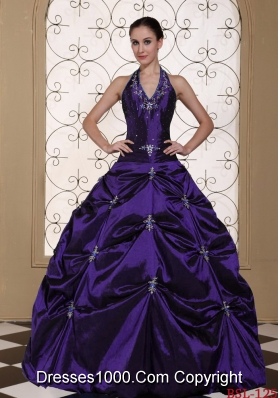 Halter Top Purple Quinceanera Gowns with Embroidery and Beading