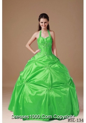 2014 Elegant Ball Gown Halter Taffeta Quinceanera Dresses with Beading