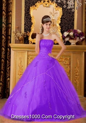 Princess Strapless Tulle Appliques for Purple Sweet 15 Dresses