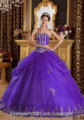 Princess Sweetheart Organza Purple Sweet 16 Dresses with Appliques