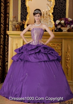 Purple Ball Gown Strapless Appliques Dresses For a Quince with Pick-ups
