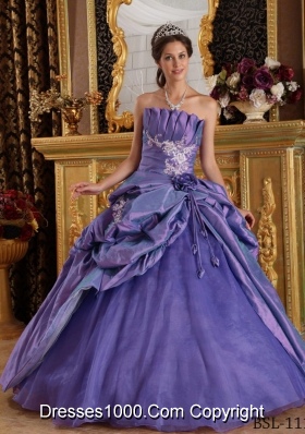 Purple Princess Strapless Quinceneara Dresses with Appliques and Flowers