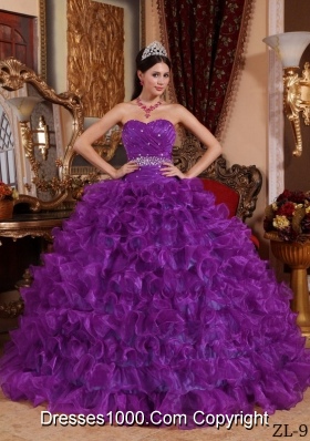 Purple Sweetheart Organza Quinceanera Gowns with Beading and Ruffles
