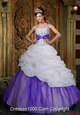 White and Purple Princess Halter Quinceanera Gowns with Beading and Pick-ups