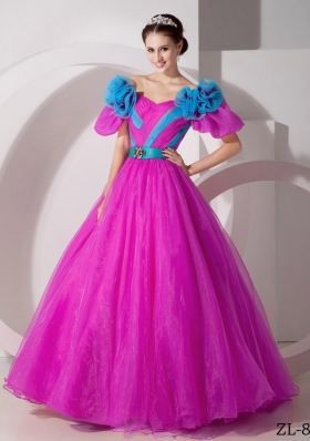 A-line V-neck Quinceanera Dresses with Organza Hand Made Flowers