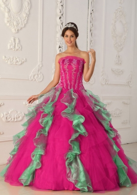 Coral Red and Green Ball Gown Strapless Quinceanera Dress with Appliques Beading