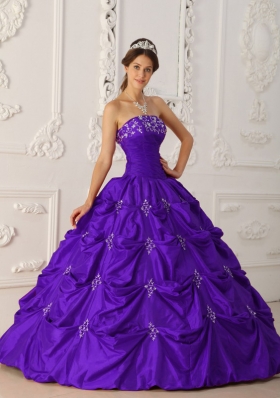 Eggplant Purple Ball Gown Strapless Appliques and Pick-ups Quincenera Dresses