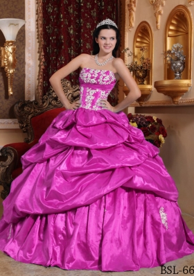 Fuchsia Ball Gown Strapless Quinceanera Dress with Taffeta Appliques