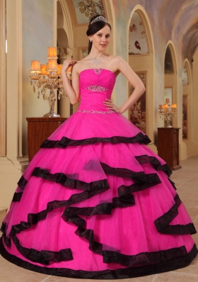 Hot Pink Ball Gown Strapless Quinceanera Dress with Organza Appliques