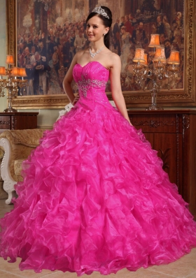 Hot Pink Ball Gown Sweetheart Quinceanera Dress with Organza Beading