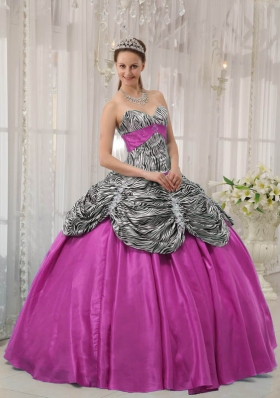 Hot Pink Ball Gown Sweetheart Quinceanera Dress with Taffeta Zebra Beading
