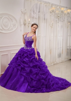 Purple Ball Gown Spaghetti Straps Beading Quinceanera Dress with Pick-ups