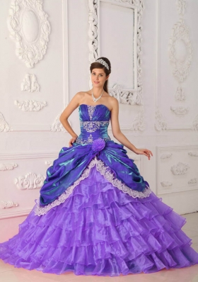 Purple Ball Gown Strapless Appliques and Ruffled Layers Quinceanera Dress