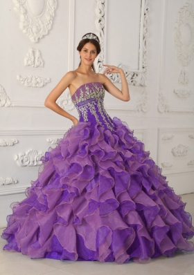 Purple Ball Gown Strapless Ruffles and Appliques Quinceanera Dress