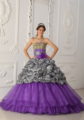 Purple Strapless Chapel Train Zebra Sweet 16 Dresses with Appliques and Pick-ups