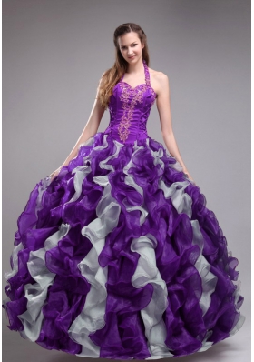 Beautiful Purple Ball Gown Halter Applqiues and Ruffles Quinceanera Dress