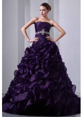 Dark Purple A-line Strapless Brush Train Beading and Ruching Quinceanea Dress